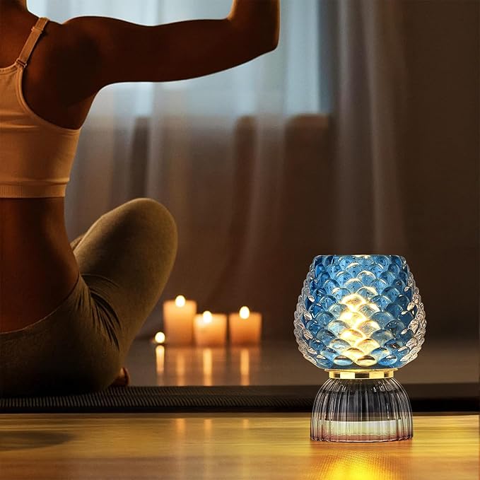 Battery Operated Lamp with Timer, Cute Small Cordless Glass Table Lamp for Home Decor, Kitchen, Bathroom, Birthday Gift for Women, Pinecone, Blue