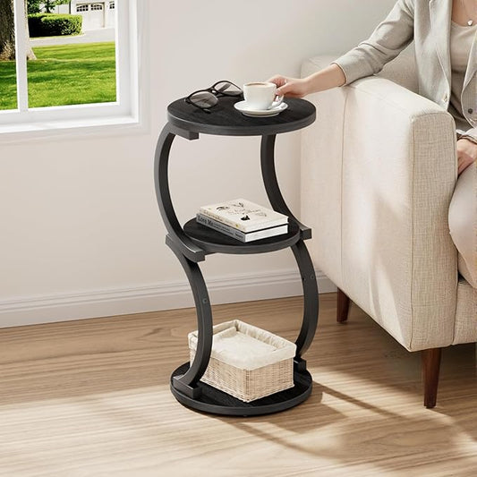 JUSTOGO Small Round Side Table, 3-Tier End Table for Living Room, Vintage Nightstand for Small Spaces Sofa Couch Corner Bedside Bedroom, S-Shaped Wood Accent Table Matel Coffee Table, Black