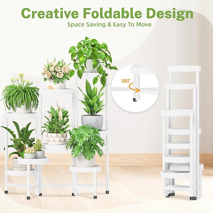 iDavosic.ly 8 Tier Folding Plant Stand Indoor Outdoor with Plastic Tray, Tiered Corner Flower Holder Shelf, Metal Orchid Display Rack for Patio Porch Living Room Garden Balcony, White