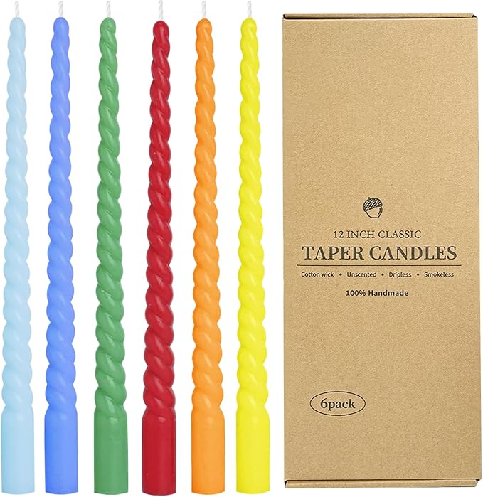 12 Inch Spiral Taper Candles, Smokeless Dripless Long Candles – Unscented Decorative Dinner Candles for Home, Wedding, Party, Table Decor, and Holiday Celebrations (6-Pack Assorted Colors B)