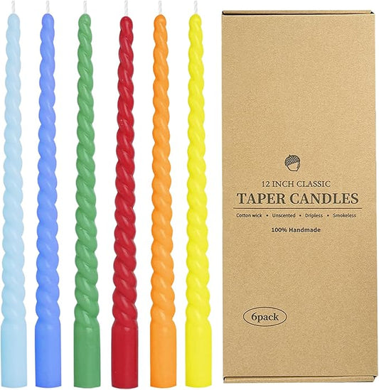 12 Inch Spiral Taper Candles, Smokeless Dripless Long Candles – Unscented Decorative Dinner Candles for Home, Wedding, Party, Table Decor, and Holiday Celebrations (6-Pack Assorted Colors B)