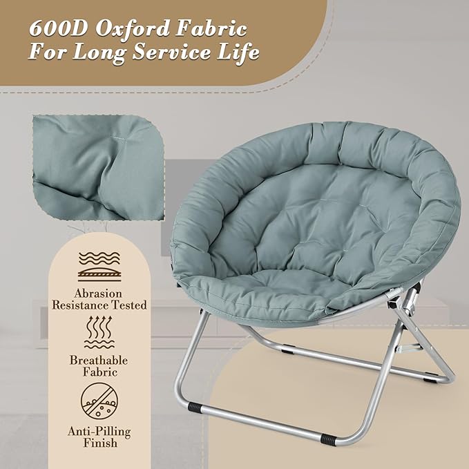 Athena Collection Comfy Saucer Chair, Folding Oversized Cozy Chair for Bedroom Living Room Fabric Reading Chair, Foldable Metal Frame Round Moon Chair for Adult Set of 2, Teal