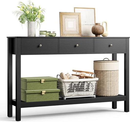 Gizoon 3 Drawer Wooden Sofa Table with Open Shelf, Modern Accent Console Table with Metal Round Handles, Large Storage Space, for Living Room, Front Hall, Entrance Hall, Study Room, Black