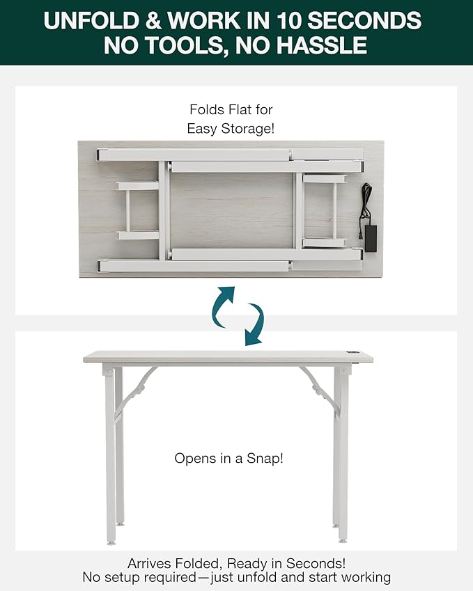 Frylr Small Folding Computer Desk – 43.3 Inch Portable Table for Craft and Study, Lightweight Desk for Small Spaces, Foldable Laptop Table Built-in AC/USB Outlets for Convenience, White Ash