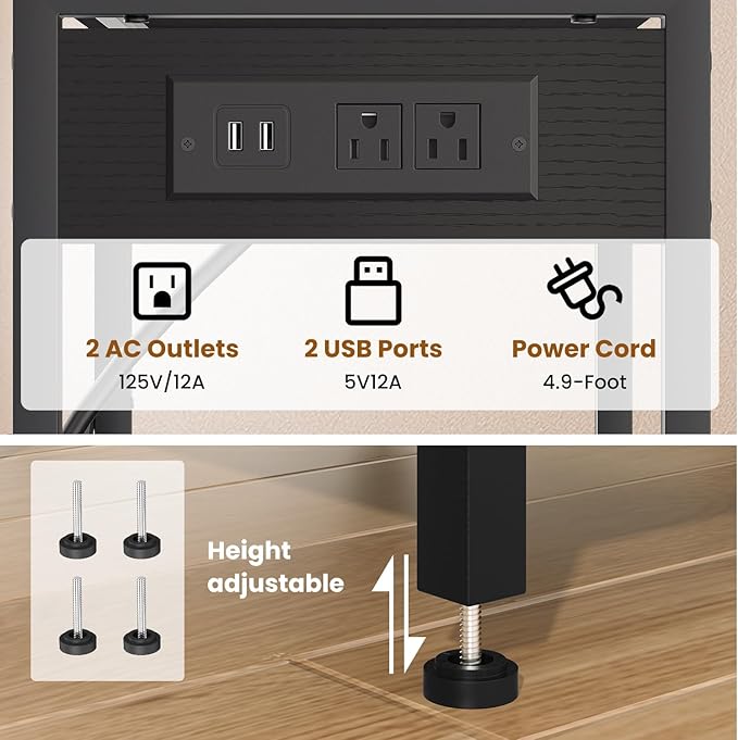 Record Player Stand with Charging Station, 3-Tier Side Table with LED Light, End Table Nightstand for Vinyl Storage, Tall Beside Tables Turntable Stand Living Room, Bedroom, Black