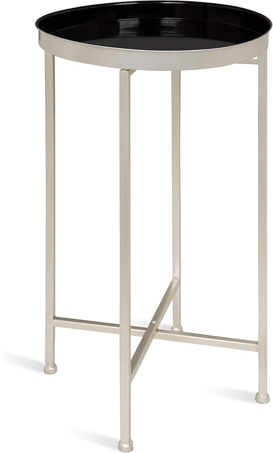 Kate and Laurel Celia Round Metal Foldable Tray Accent Table, 14" x 14" x 25.75", Black and Silver, Modern Minimalist Design and Magnetic Tabletop