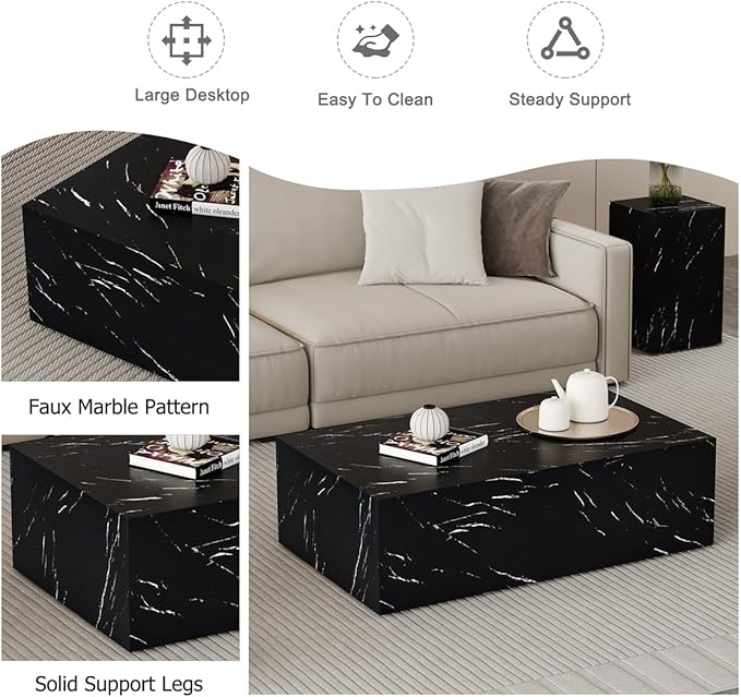Coffee Table Set for 3, Living Room Table Set, Black Faux Marble Coffee Table and Side Table, Modern Coffee Table Set, Center Table Set, No Assembly Required - Ready to Use