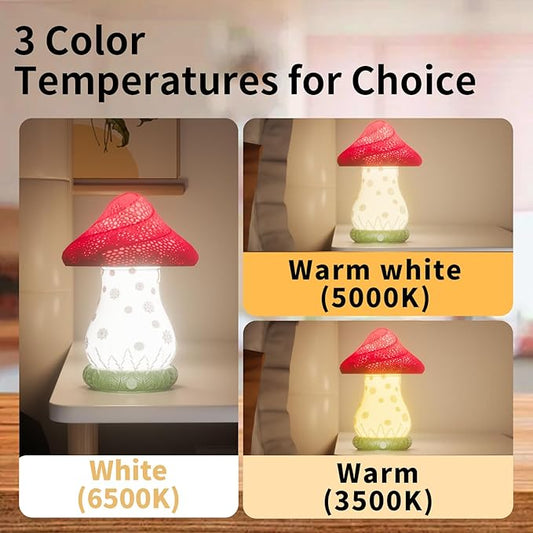 Mushroom Lamp, Cute Desk Lamp, Battery Operated Bedside Lamp as a Christmas Gift, 3-Way Dimmable Touch Lamp, Auto-Rotating Rechargable LED Night Light for Bedroom, Living Room.