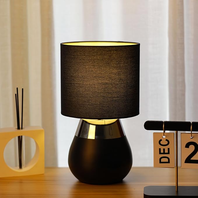 Small Modern Touch Eye Protection Bedside Table Lamp, 7 x 7 x 12 Inch Dark Blue Metal Base Table Lamp for Bedrooms and Office (Dark Blue Fabric Lampshade)