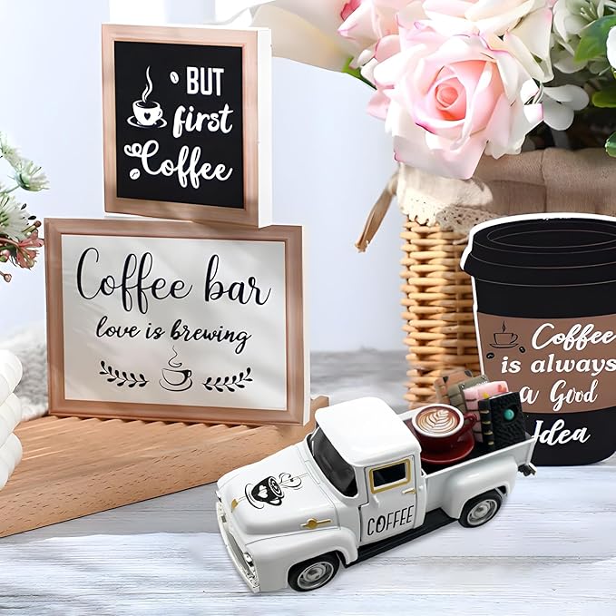 Coffee Decor for Coffee Bar Vintage Metal Truck with Mini Fake Books and Coffees Farmhouse Tabletop Coffees Ghost Sign Halloween Tiered Tray Decor Rustic Table Centerpiece for Home Kitchen, White