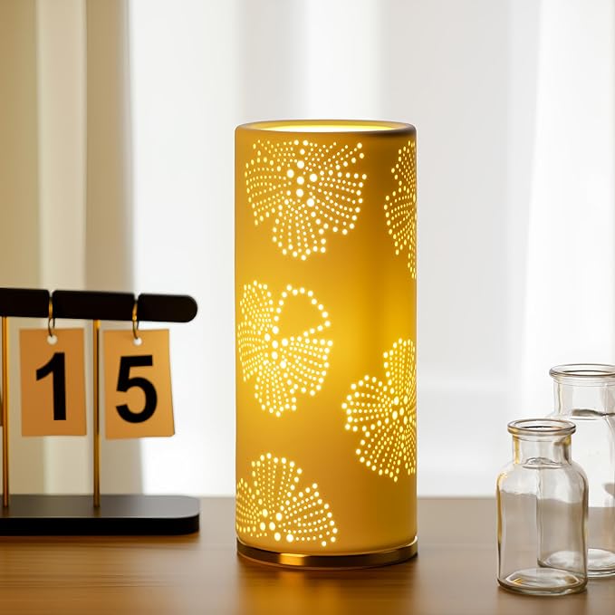 Small Modern Ceramics Bedside Table Lamp, 4.5 x 4.5 x 11 Inch White Flowers Style Nightstand Lamps, Side Table Lamps for Bedroom Living Room Entryway Table Light