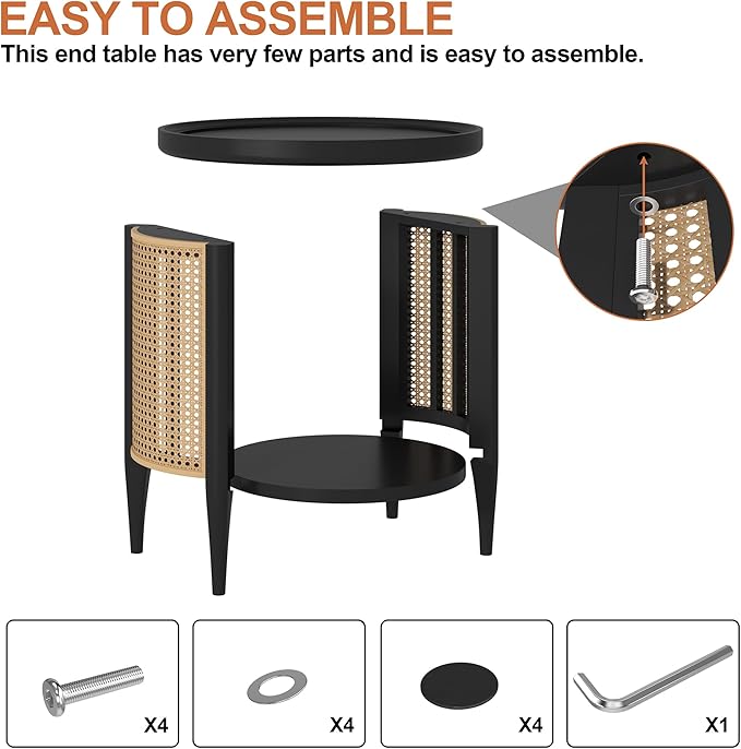 Yusong Round End Table Rattan Style Side Table with Solid Wood Legs, Boho Style Nightstand Bedside Table with 2-Tier Shelves, Small Coffee Table for Living Room Bedroom Small Spaces Black