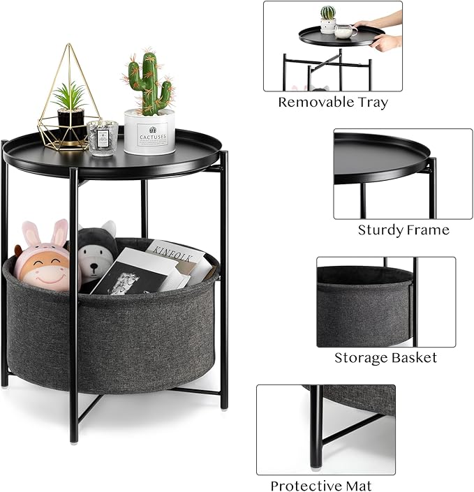 danpinera Round Side Table with Fabric Storage Basket, Metal Small Bedside Nightstand Removable Tray Top for Living Room, Bedroom, Nursery, Laundry, Ink Black