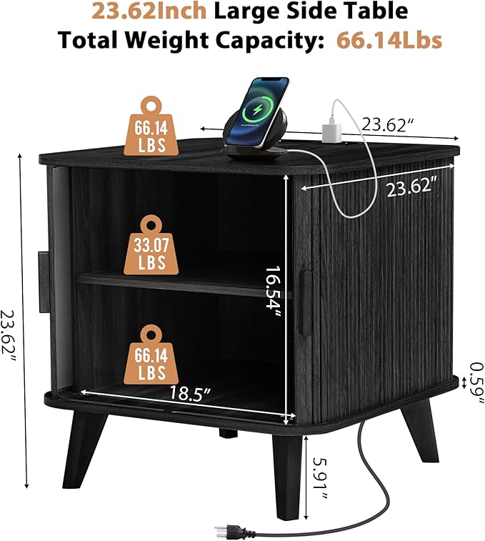 AVZEAR 24" Large Square End Table with Charging Station, Farmhouse Fluted Sofa Side Table with Sliding Tambour Door & Storage, Curved Rustic Wood Nightstand for Living Room, Bedroom, Black
