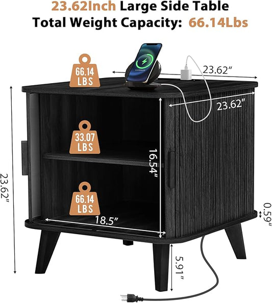 AVZEAR 24" Large Square End Table with Charging Station, Farmhouse Fluted Sofa Side Table with Sliding Tambour Door & Storage, Curved Rustic Wood Nightstand for Living Room, Bedroom, Black
