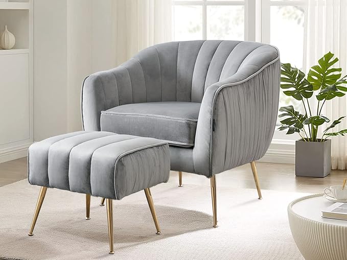 Velvet Accent Chair with Ottoman, Modern Arm Barrel Chair and Ottoman for Living Room Bedroom, Golden Finished, Grey