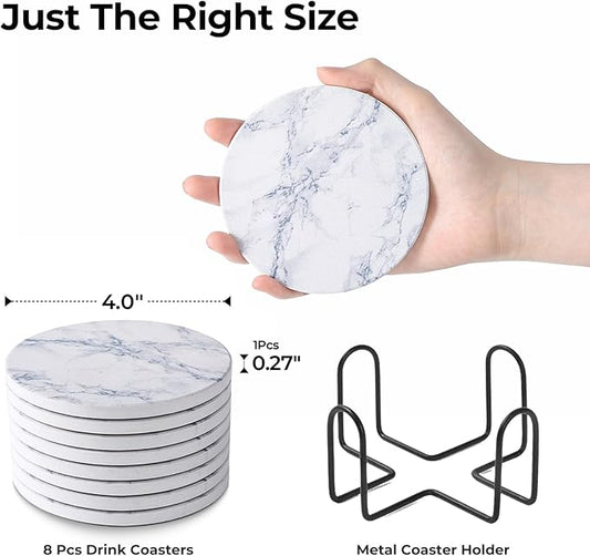 LIFVER Coasters Set of 8 for Drinks, White Marble-Style Anti-Slip Absorbent Drink Coasters with Holder, Modern Marble Stone Coaster for Home Patio Decor Coffee Bar Accessories Ideal Housewarming Gifts