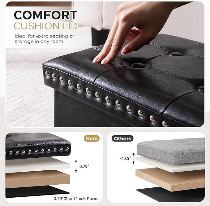 Storage Ottoman Foot Rest Stool, Foldable Leather Footstool Storage Bench with Rivet Design, Thicker Foam Padded Seat, Footrest Under Desk for Living Room Bedroom 242 lbs, 16x12x12 in, Black