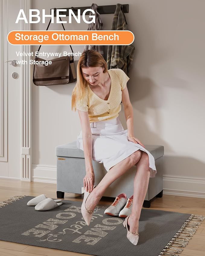 Foldable Storage Ottoman Bench, Velvet Footrest and Seat Cube with Feet, Storage Chest, for Living Room, Bedroom and Office, 15 x 30 x 15.7 Inches, Dove Gray,ASND23G