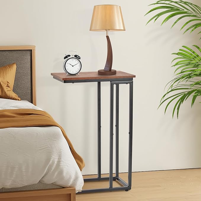 C-Shaped End Table, TV Tray Set of 2, Couch Side Laptop Table, for Living Room, Bedroom, Small Spaces, Rustic Brown and Black, 2 Pack