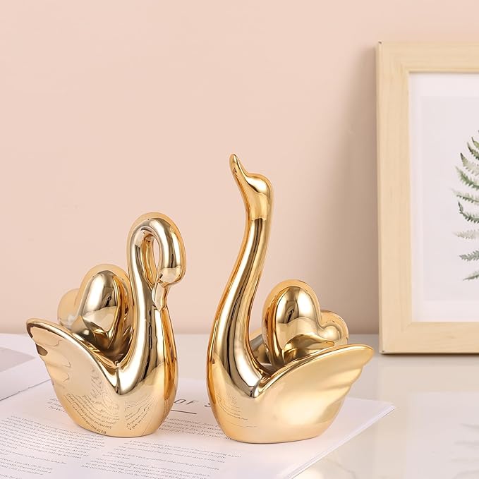 Loving Swan Figurine with Gold Heart Statue, Ceramic Animal Regalos Para Parejas, Cute Figurines Pottery Gifts for Anniversary, Couple Swan Sculpture for Women Dresser Knick Knacks Shelves Show Pieces