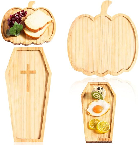 FOBSME 2 Pcs Halloween Wooden Charcuterie Boards Pumpkin and Coffin Shape Serving Platters Fall Wood Serving Trays Decorative Wooden Snack Dish Plates for Halloween Holiday Housewarming Presents