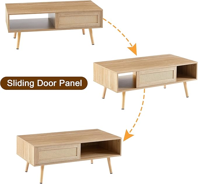 IANIYA 40.34" Boho Coffee Table, Rectangle Wooden Accent Center Tables, Living Room Table with Sliding PE Rattan & Solid Legs for Living Room, Apartment Small Space (Natural)