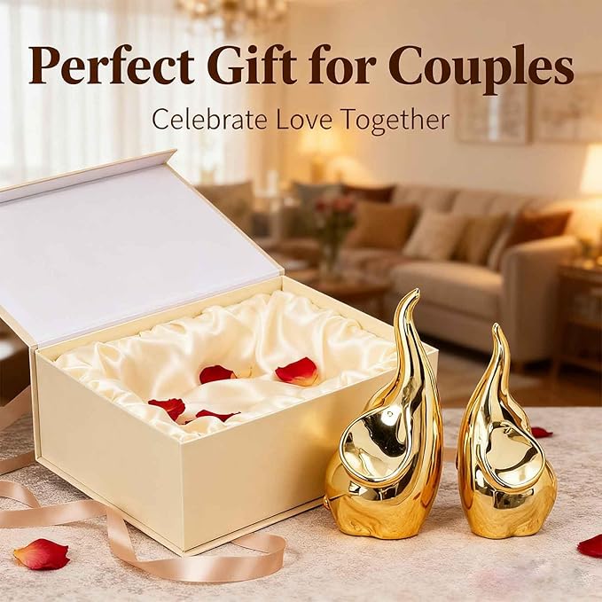 Ceramic Elephant Figurines with Trunk Up, Pair Couples Loving Elephant Statue, Small Figurines Sculpture African Home Decor, Valentine Elephants Gifts for Women, Wedding Knick Knacks（Gold）