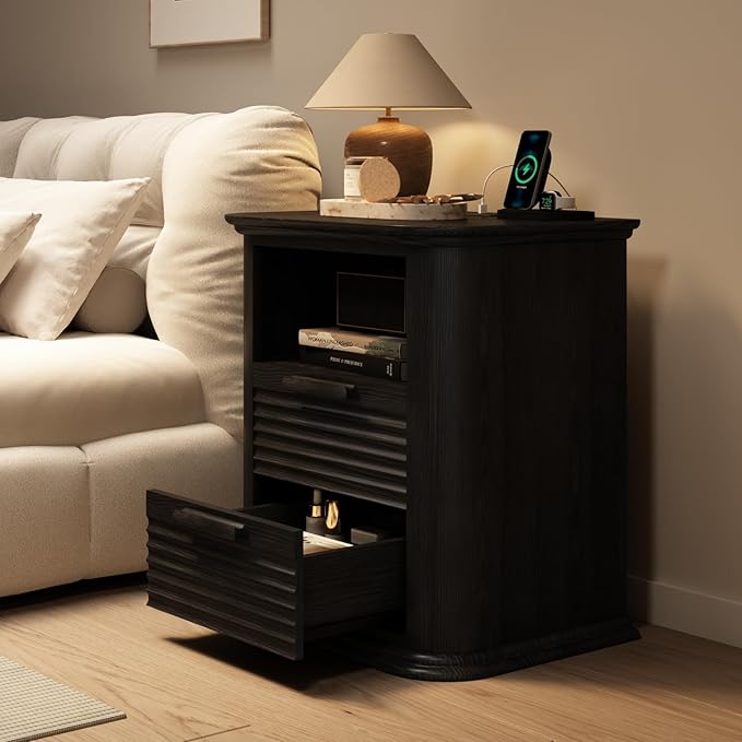 22'' Fluted Nightstand with Charging Station, Modern End Table with 2 Drawers and Open Storage, Wood Night Stand with Round Corner, Side Bedside Table for Bedroom, Living Room, Curved Profile,Black