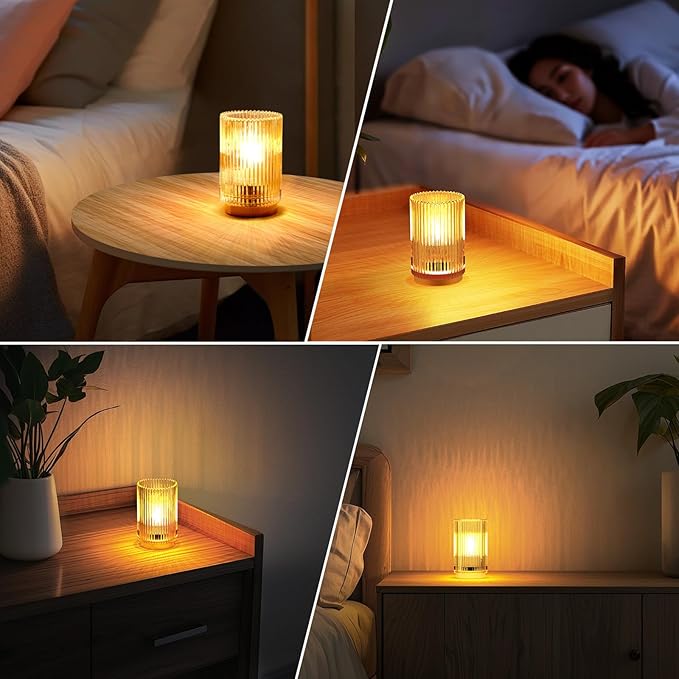 Battery Operated Lamp, Cordless Table Lamp with Timer, Desk Bedside Lamps with LED Warm Light, Glass Small Table Lamp for Bedroom, Bathroom, Living Room, Home Decor - Amber