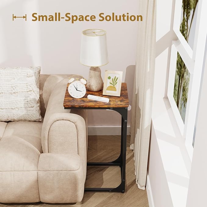 Narrow C Shaped End Tables Living Room TV Trays Set of 2, Small Thin Farmhouse Side Table Skinny Slide Under Couch Tray Tables for Sofa Bedroom Small Space 11.8 inch Width, Rustic Brown
