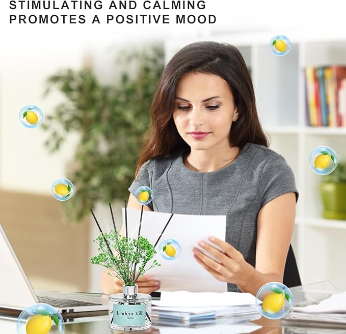 L'OEUR Vill Reed Diffuser Set - 6.7 oz (200ml) Lemon Scented Home Fragrance with 6 Oil Diffuser Sticks for Large Rooms & Bathrooms