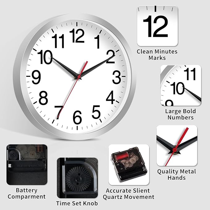 12 Inch Wall Clock Modern Battery Operated Silent Non Ticking Analog Clock Decorative for Bedroom Kitchen Bathroom Office Home Living Room (Silver)