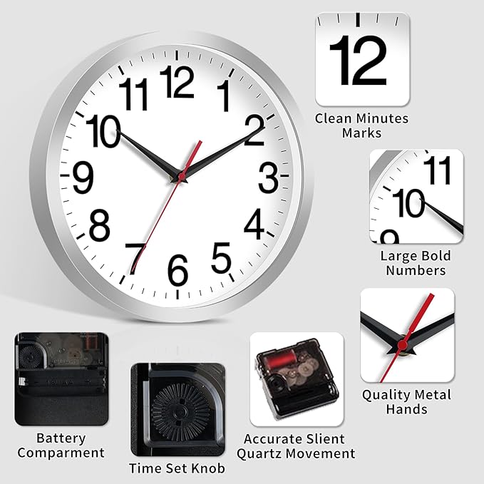 14 Inch Wall Clock Modern Battery Operated Silent Non Ticking Analog Clock Decorative for Bedroom Kitchen Bathroom Office Home Living Room (Silver)