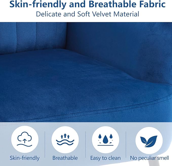 Velvet Accent Chair, Modern Upholstered Single Sofa Side Living Room Chair, Comfy Reading Armchair with Metal Legs for Bedroom, Waiting Room, Office and Cafe, Blue