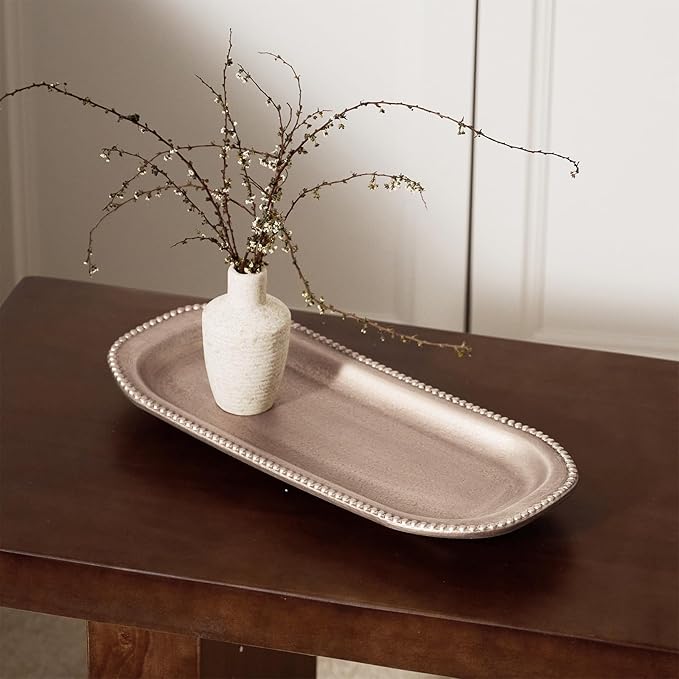 Wooden Decorative Tray, 13.9×5.9" Oval Distressed Boho Coffee Table Tray Decor, Kitchen Dining Table Trays Farmhouse Home Decor, Wood Beaded Rustic Trays for Living Room, Bathroom (Golden Brown)