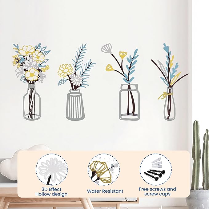 zituzitp 4 Pieces Metal Flower Wall Decor, Wall Art for Bathroom Living Room Kitchen Bedroom Dining Room Rustic Farmhouse Boho Wall Decor Houseworming Gift