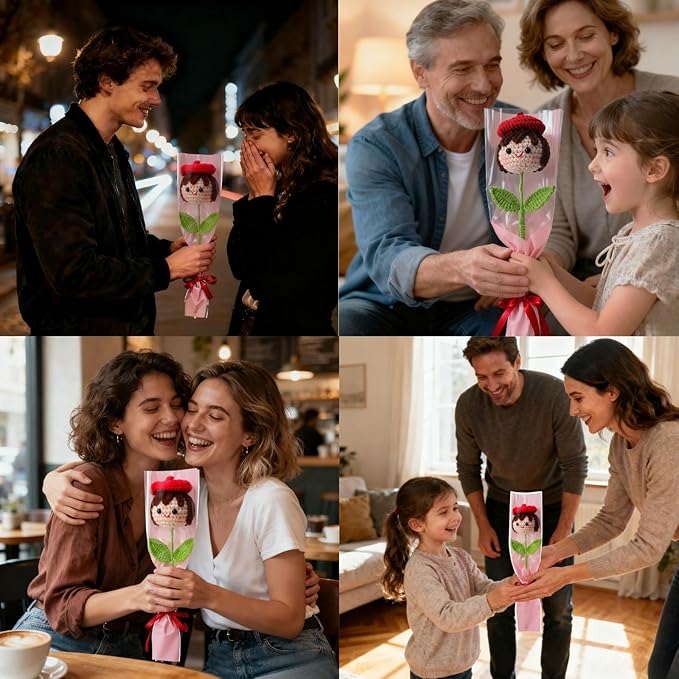 Crochet Handmade Flower Doll Bouquet Gift for Her, DIY Knitted Gifts for Home Office Desk Decor, Gift Ideas for Daughter Girl Girlfriend