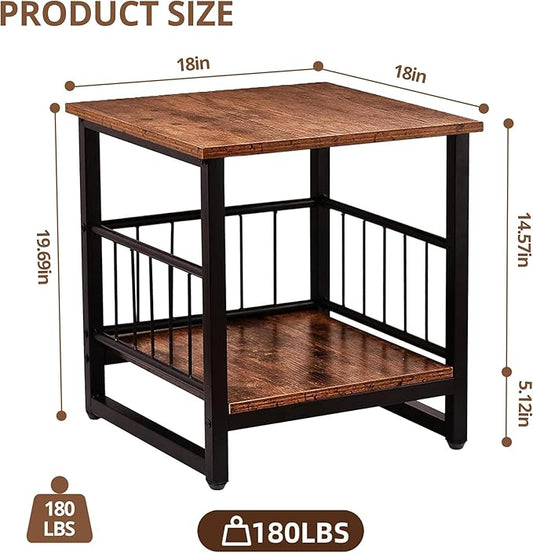 Industrial Night Stand, 18” Square Side Table with Open Storage Shelf, Bedside End Table for Bedroom, Heavy Duty Stand for Mini Fridge for Dorm, Kitchen Room, Rustic Brown