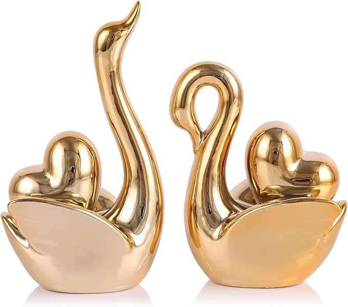 Loving Swan Figurine with Gold Heart Statue, Ceramic Animal Regalos Para Parejas, Cute Figurines Pottery Gifts for Anniversary, Couple Swan Sculpture for Women Dresser Knick Knacks Shelves Show Pieces