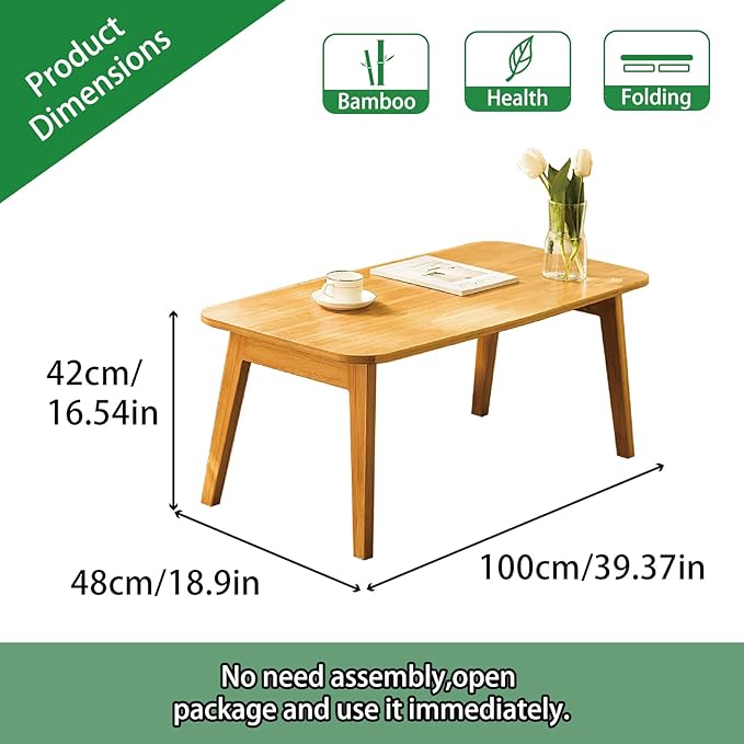 Coffee Table Foldable Mid Century Desk TV Stand with Open Storage Shelf Center Table for Living Room Furniture RV No Assembly, Natural (39.37IN)