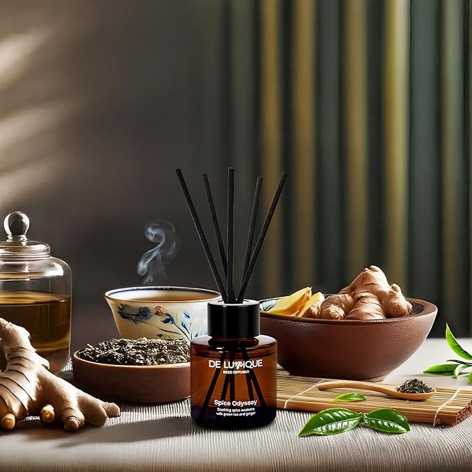Spice Odyssey Luxury Reed Diffuser – Green Tea, Ginger, Moss & Bergamot Scent – Long Lasting Diffusers for Home, Crafted by Expert Perfumers – 50ml
