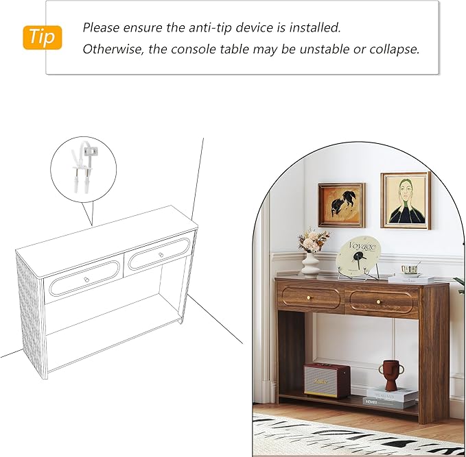 Fluted Console Table with Drawers, Mid-Century Narrow Entryway Table with Open Storage Shelves, Hallway Accent Tables Behind Couch Tables for Living Room (Walnut)