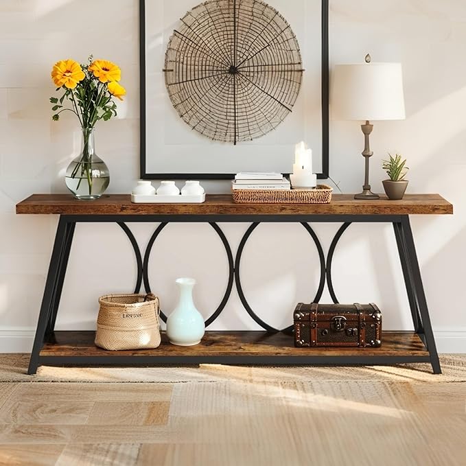 JIKONG 70.9" Industrial Console Table with Shelves — 2-Tier Rustic Metal Sofa Table, Heavy Duty Storage Shelf for Living Room, Office, Entryway (Rustic Brown)