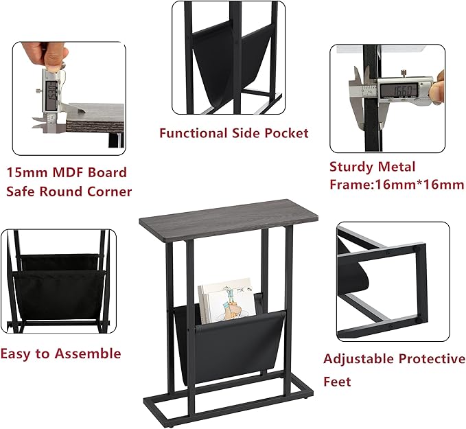 Yusong Small Narrow Side Table for Small Spaces, 17.7" W Slim End Table Magazine Table Nightstand with Storage Holder, Accent Skinny Snack Couch Bedside Table, Grey, Complete Iron Pipes