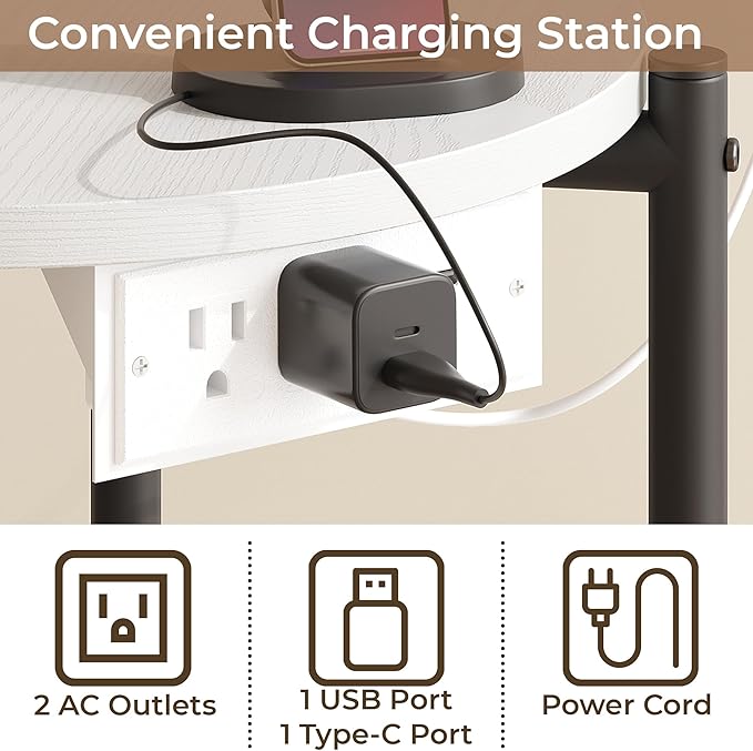 LIKIMIO Round End Tables, Set of 2, 16" W Small Round Side Tables with Charging Station, 2-Tier Modern Nightstands for Small Spaces, Living Room, Bedroom, White
