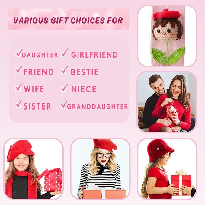 Crochet Handmade Flower Doll Bouquet Gift for Her, DIY Knitted Gifts for Home Office Desk Decor, Gift Ideas for Daughter Girl Girlfriend