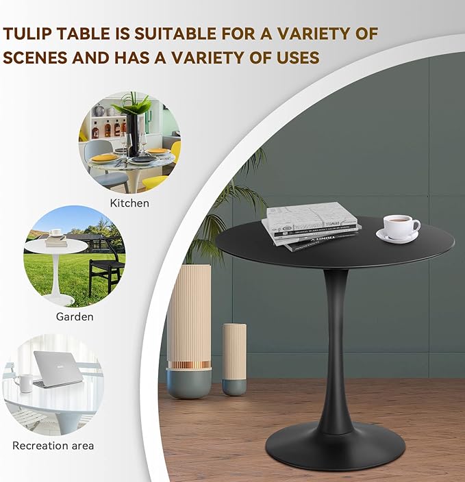 Black Round Dining Table for 31.5 inch,Mid Century Modern Small Tulip Table with Metal Pedestal Base for Living Room Kitchen Dining Room (Black)