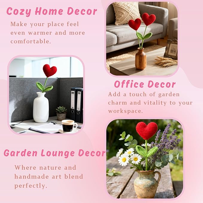 Hand-Crocheted Heart Flower Doll Bouquet - DIY Knitted Desk Decor, Romantic Gift for Girlfriend Valentine's Birthday Anniversary, Home Office Decoration