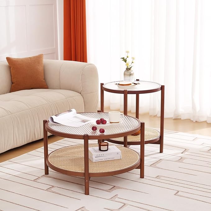 Tiita Rattan Nightstand Side Table, Bamboo Accent Bedside Tables, Glass Coffee Tables, Boho Wooden End Table with Storage for Small Space, Living Room and Bedroom